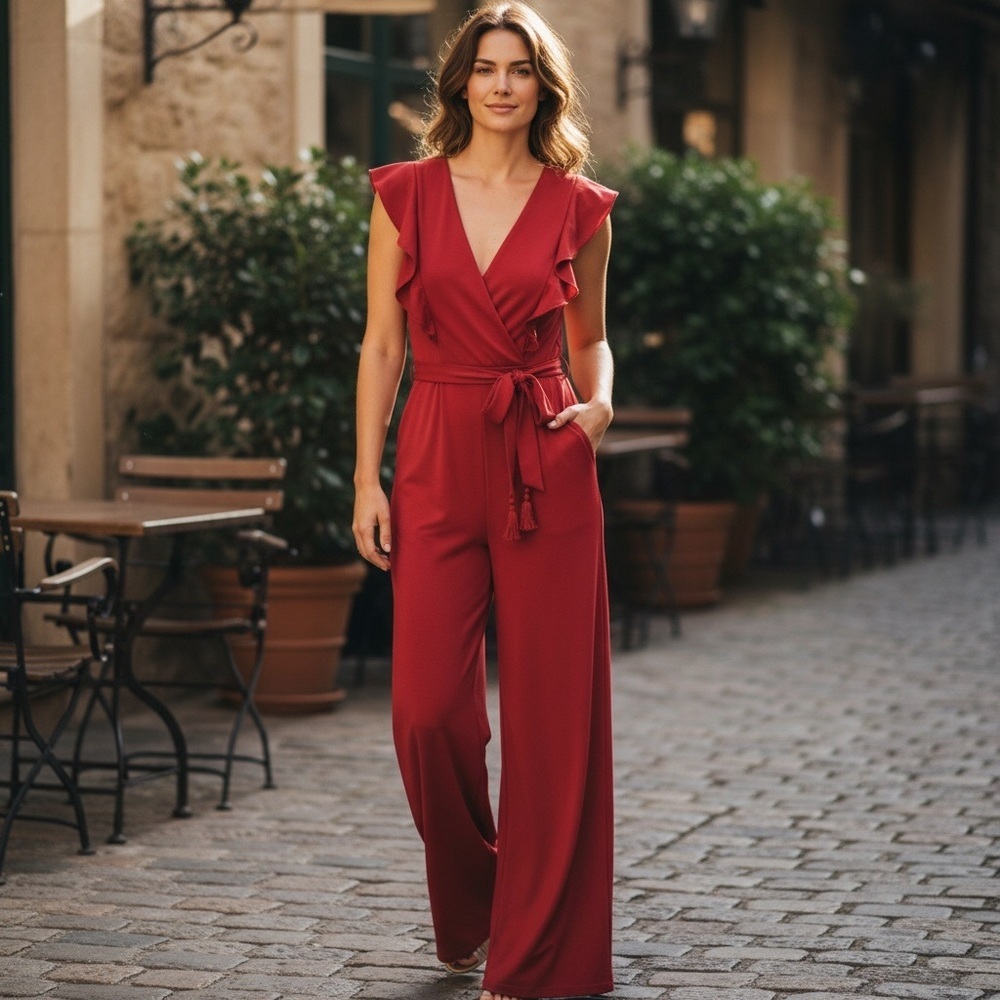 Neiman Marcus Jumpsuit Vibrant Deep Pink Ruffle Sleeves Tie Waist Size-8 EUC